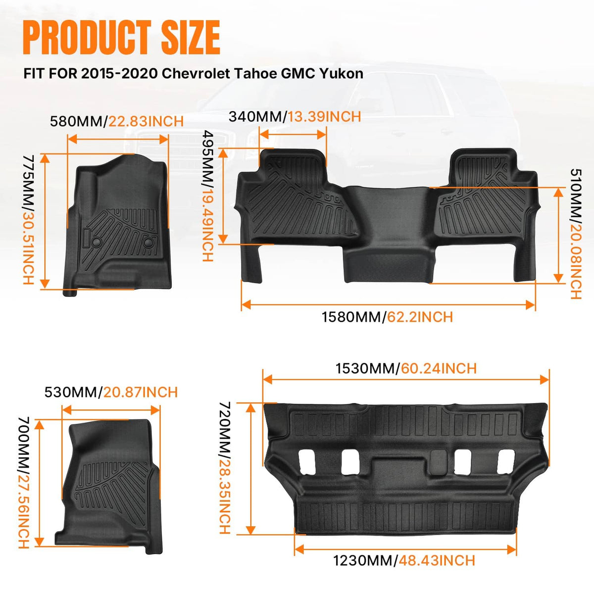 Solidspare Floor Mats for Chevy Tahoe & GMC Yukon (Not XL) 2015 2016 2017 2018 2019 2020