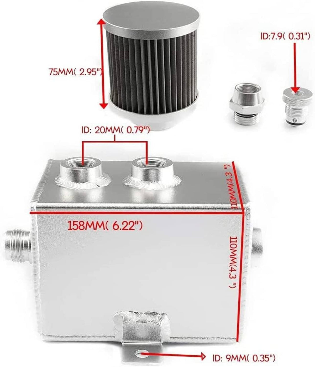 Solidspare Universal 2L Oil Catch Can Tank 2 Port AN10 W/ Breather Filter Drain Tap Baffled