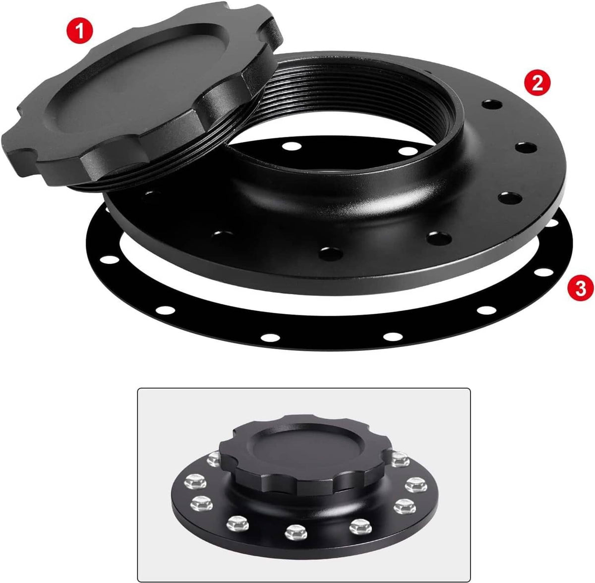 Solidspare Black Billet Aluminum Easy Fill Fuel Cell Cap with 12 Bolting Holes Cell Bung