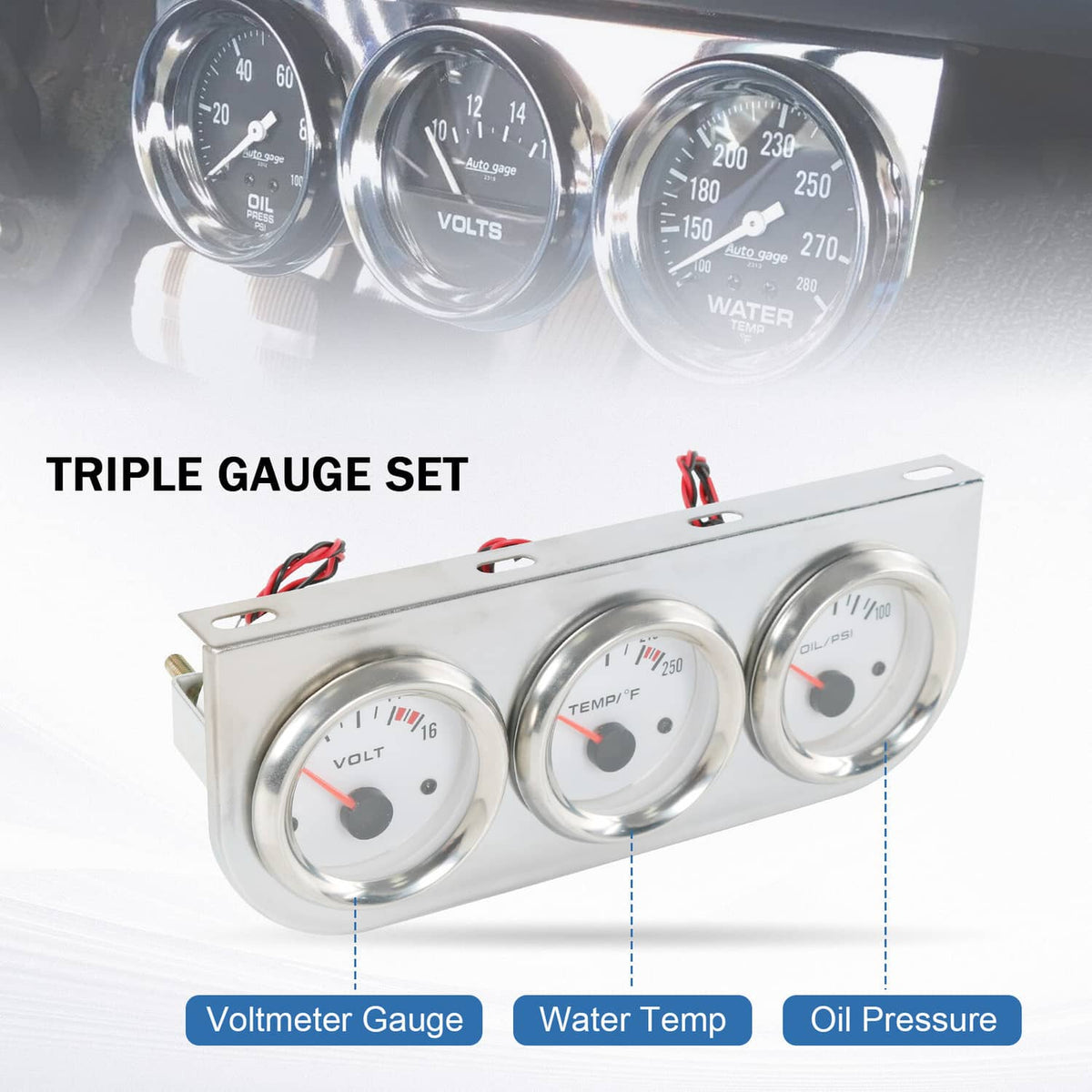 Solidspare Universal 2'' 52mm Volt Water Oil Pressure Triple 3 Gauge Set Gauges Chrome Kit