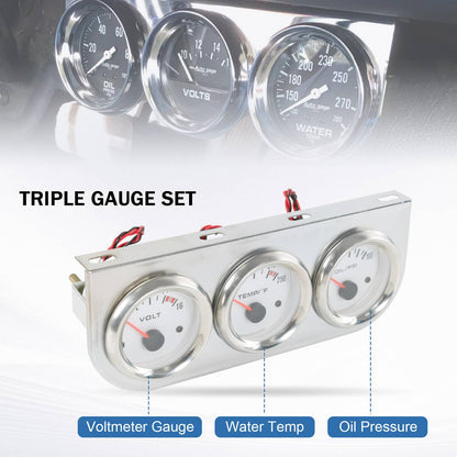 Solidspare Universal 2'' 52mm Volt Water Oil Pressure Triple 3 Gauge Set Gauges Chrome Kit