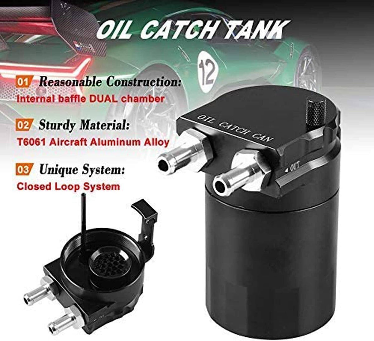 Solidspare Universal Black Oil Catch Can Kit with Hose Baffled Reservoir Tank Aluminum