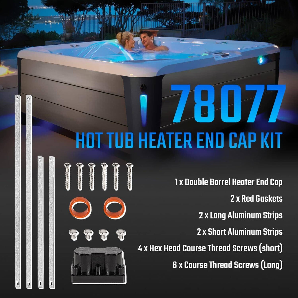 Solidspare 78077 Hot Tub Heater End Cap Kit with Rubber Gaskets, Aluminum Strips & Screws
