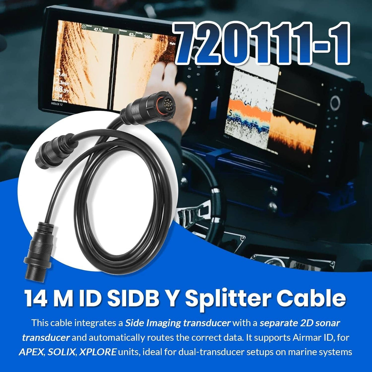 Solidspare 14 M ID SIDB Y Splitter Cable 720111-1 for Humminbird SOLIX/APEX/XPLORE 30-Inch