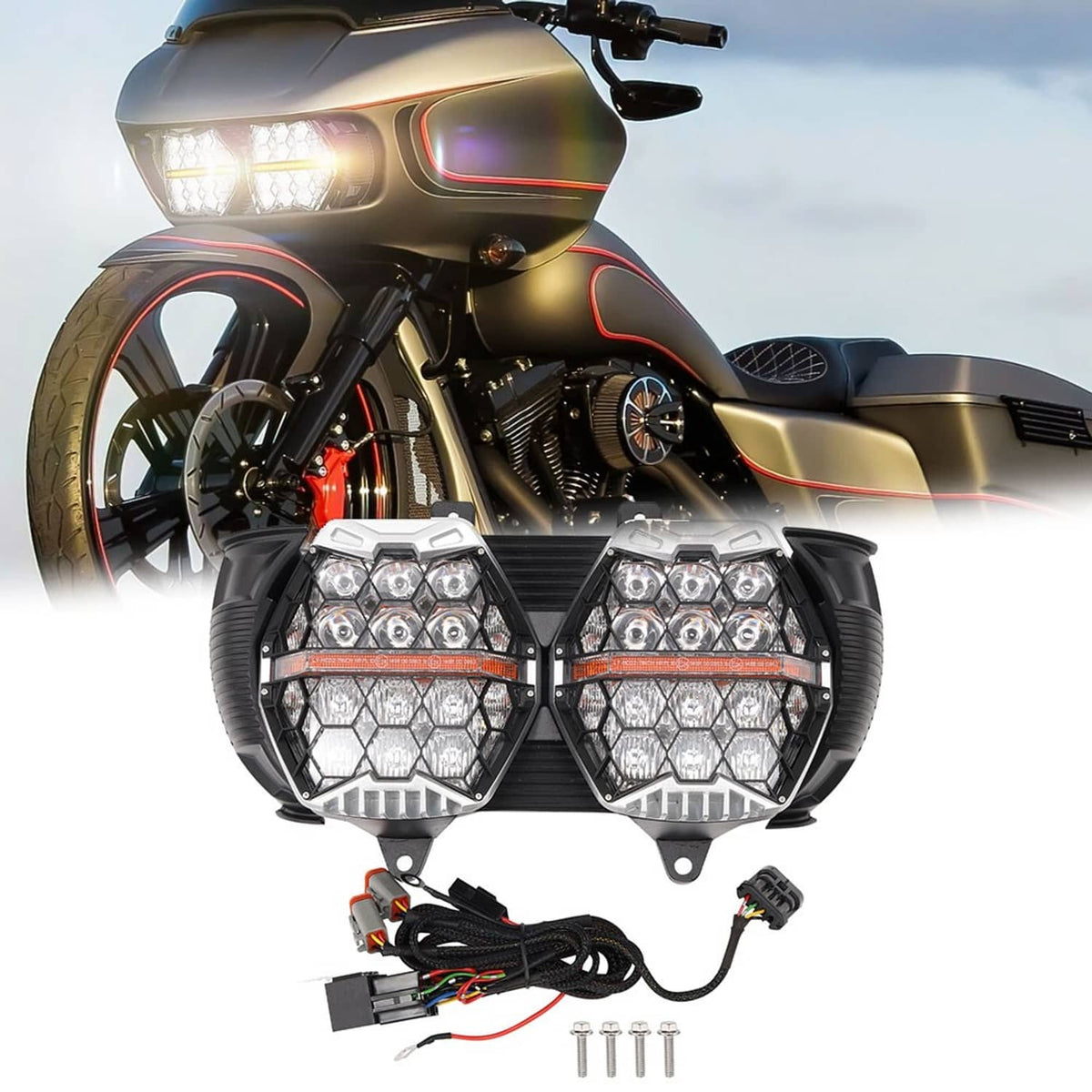 Solidspare Plug & Play Dual LED Headlight DRL Hi/Low Beam For Harley Road Glide 2015-2024