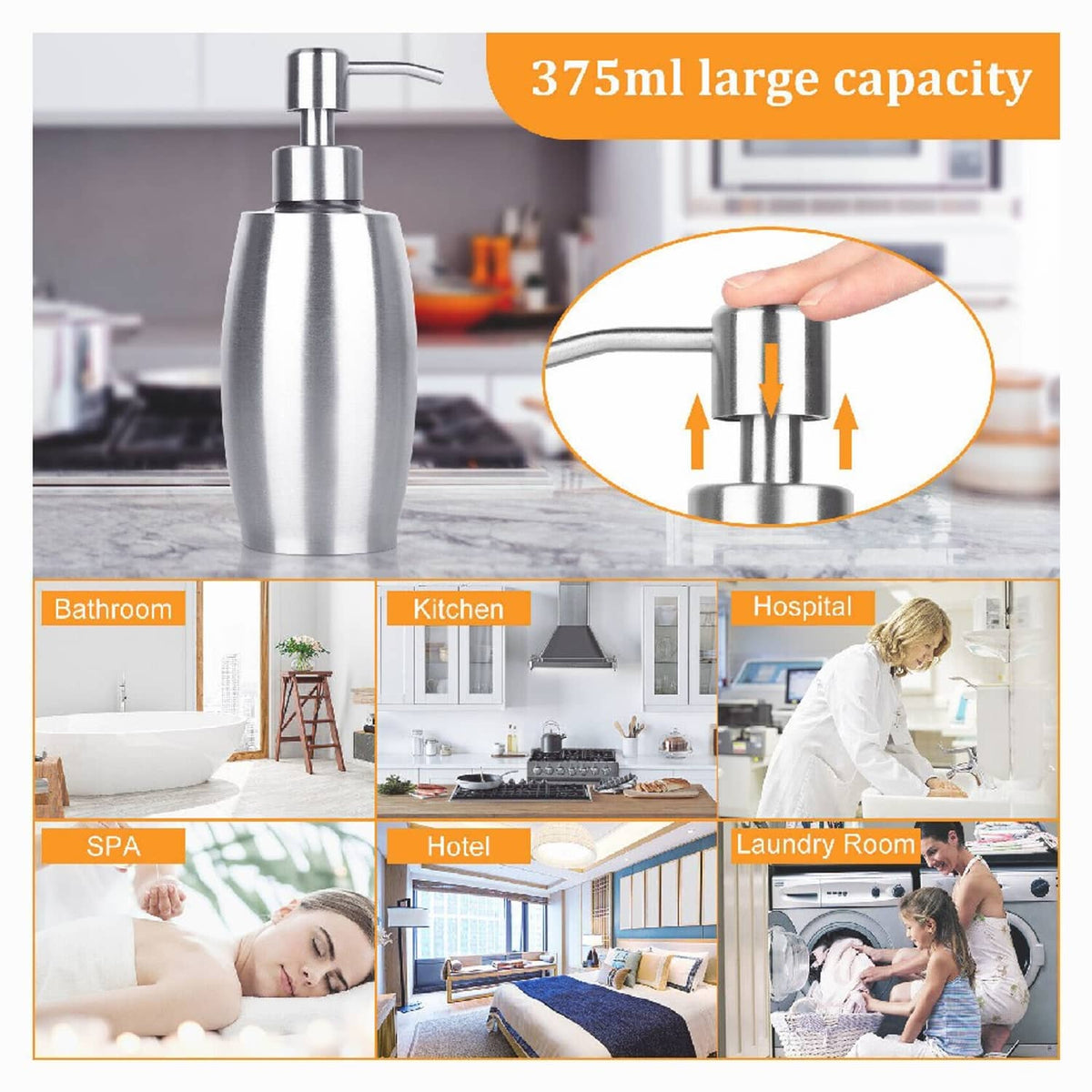 Solid Spare Stainless Steel Lotion / Soap Dispenser Stainless Steel Pump 13 Oz