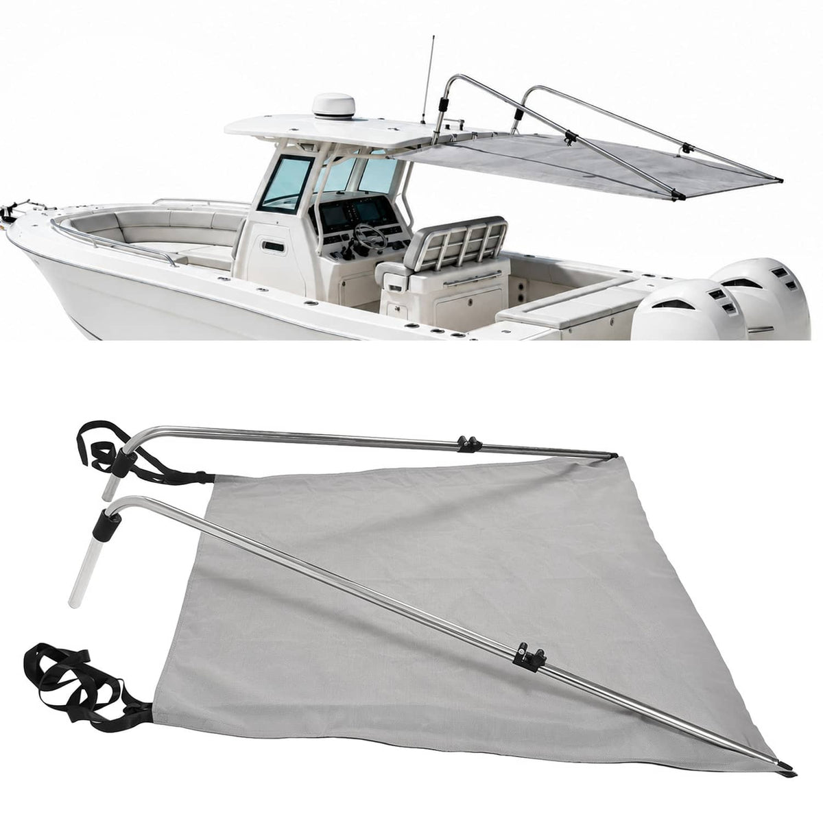 Solidspare Gray Boat Sun Shade 304 Stainless Steel+Fabric Canopy For Universal Boat
