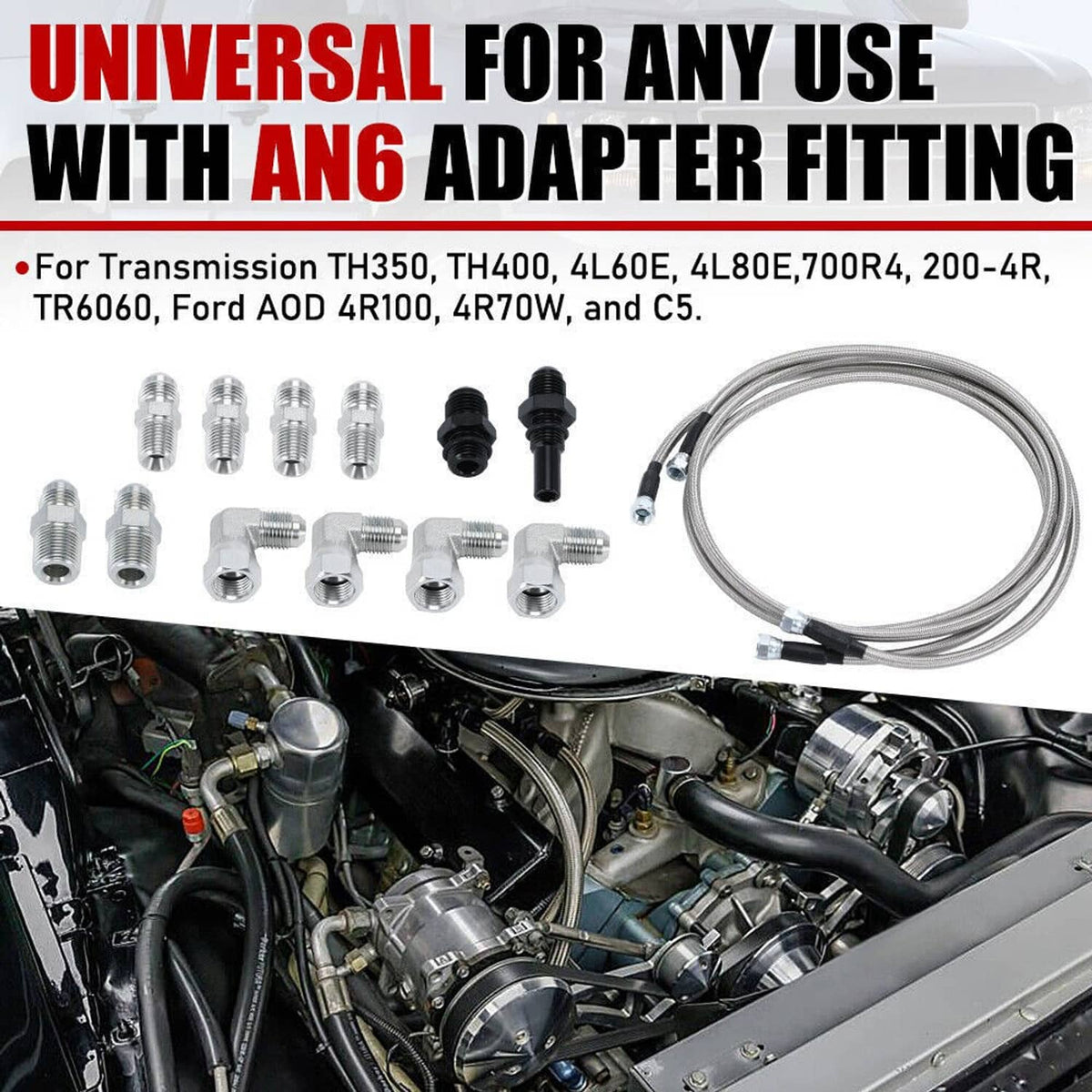 Solidspare Flexible SS Braided Transmission Cooler Lines Kit (6AN Hose) For GM 4L60E 4L80E