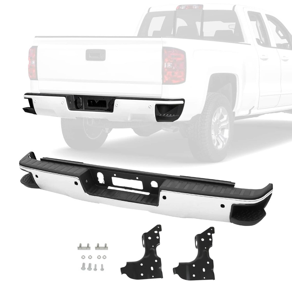 Solidspare Chrome Rear Bumper & Sensor Holes Fits Chevy Silverado GMC Sierra 1500 2014-2018
