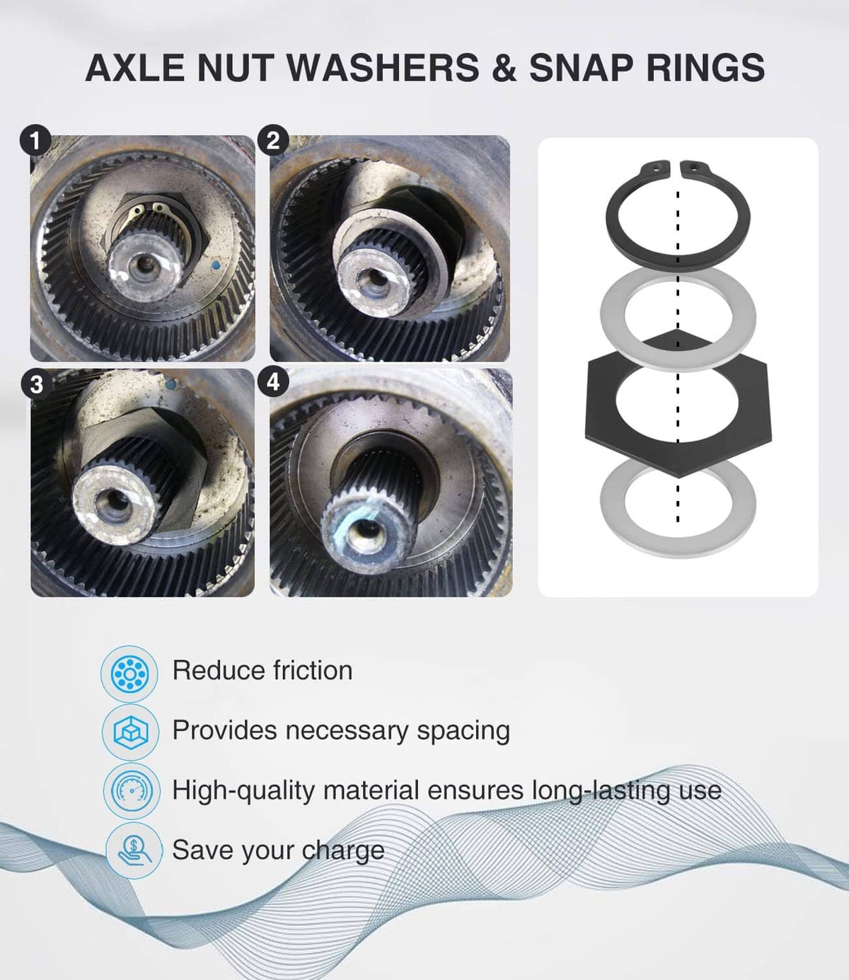Solid Spare Front Axle Knuckle Tube Seal Kit & Thrust Washer Snap Ring for Ford F250 F350