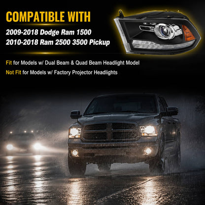 Solidspare For 2009-2018 Dodge Ram 1500 2500 3500 Black Projector Headlights with LED DRL