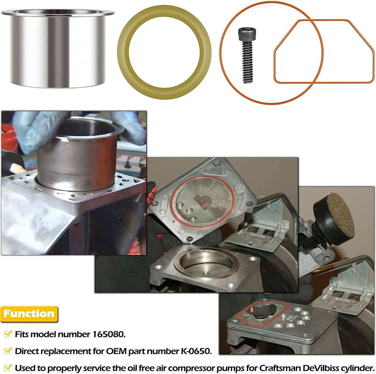 Solid Spare K-0650 Air Compressor Cylinder Sleeve and Ring Kit for DeVilbiss Porter Cable
