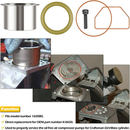 Solid Spare K-0650 Air Compressor Cylinder Sleeve and Ring Kit for DeVilbiss Porter Cable