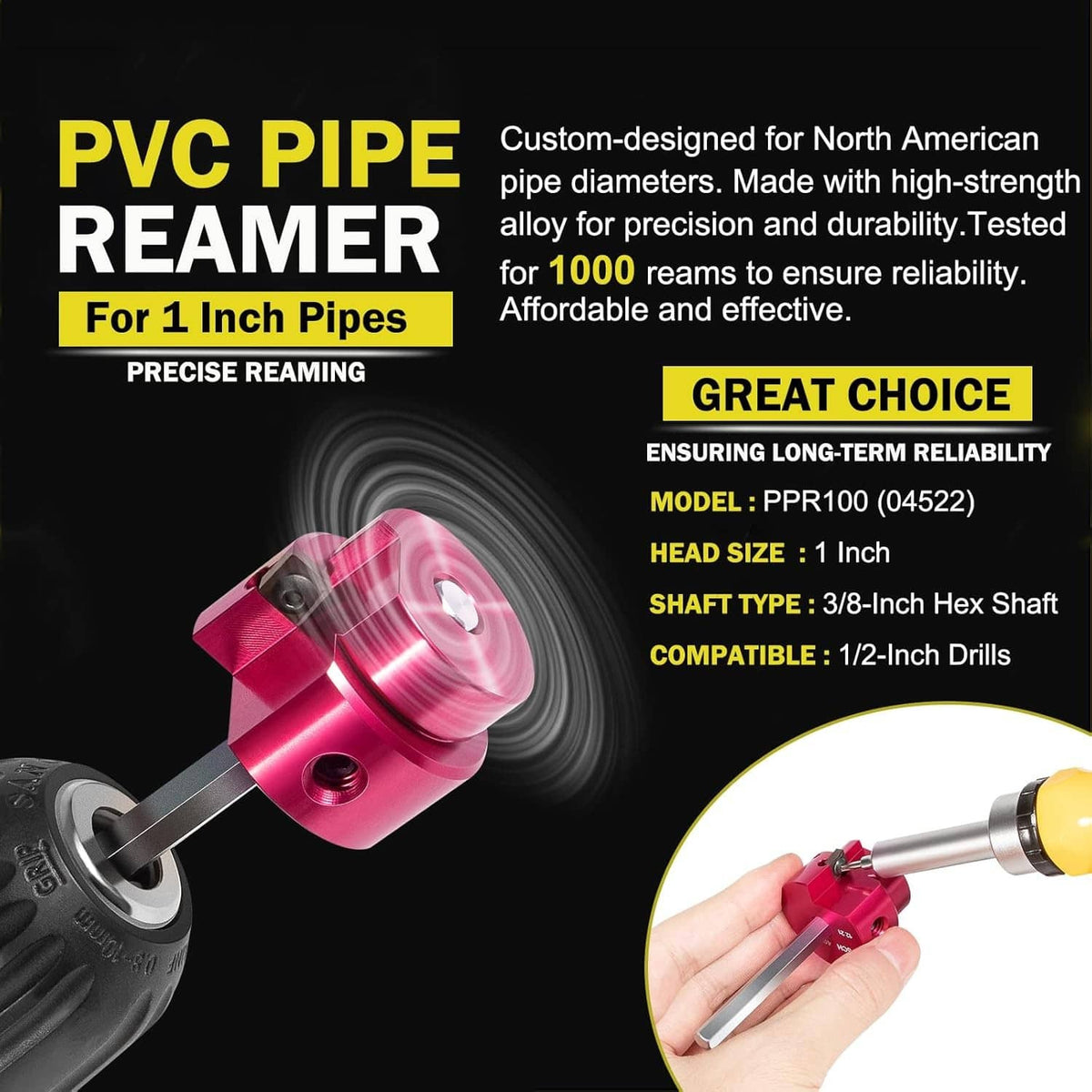 Solidspare PPR100 PVC Pipe Reamer 1" Head Aluminum with 1/4" Hex Shaft  Fit 1/2" drills