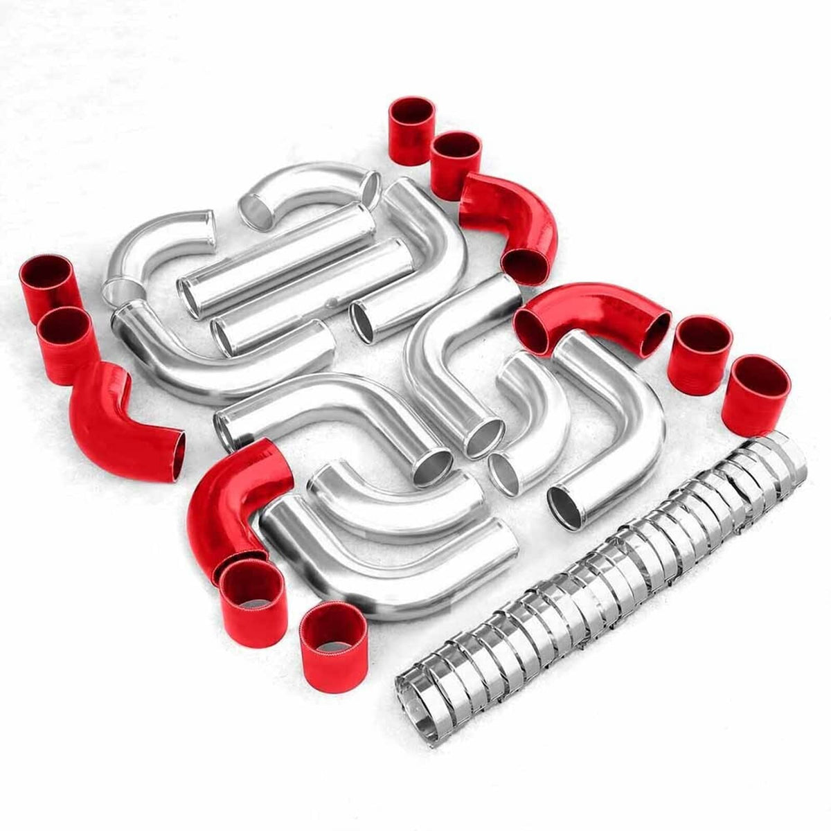 Solidspare Universal 3" Aluminum Intercooler Turbo Piping Kit Hose + Red Silicone + Clamp
