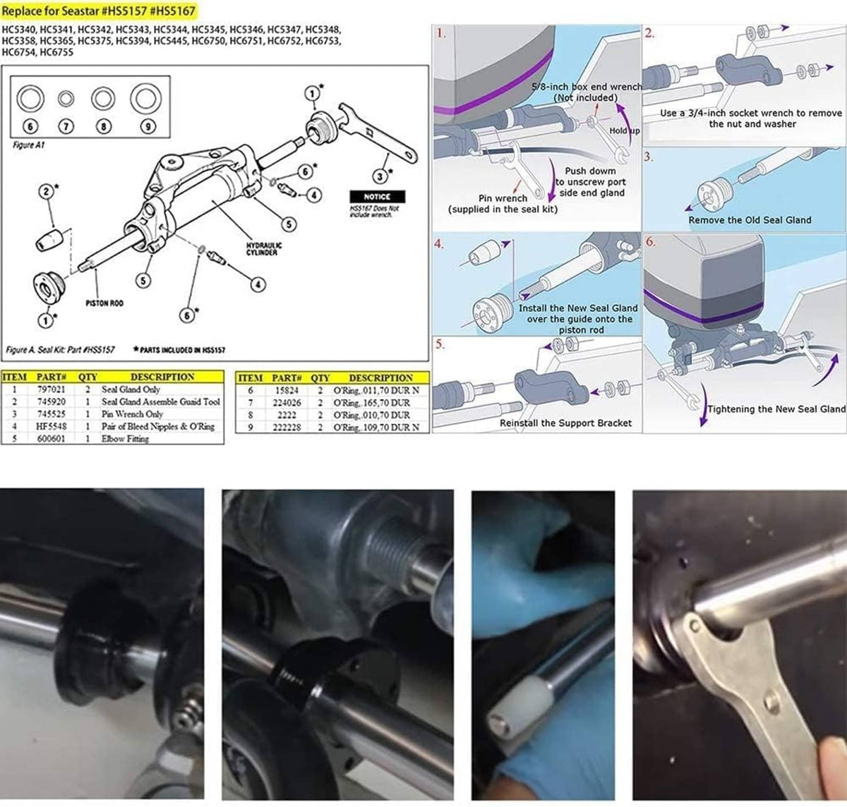 Solid Spare Bracket Puller + Front Mount Hydraulic Steering Cylinder Seal for Seastar
