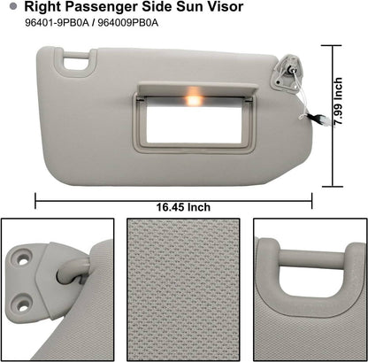 Solidspare Right Passenger Sun Visor with Lamp for 2013-2018 Nissan Pathfinder QX60 Grey