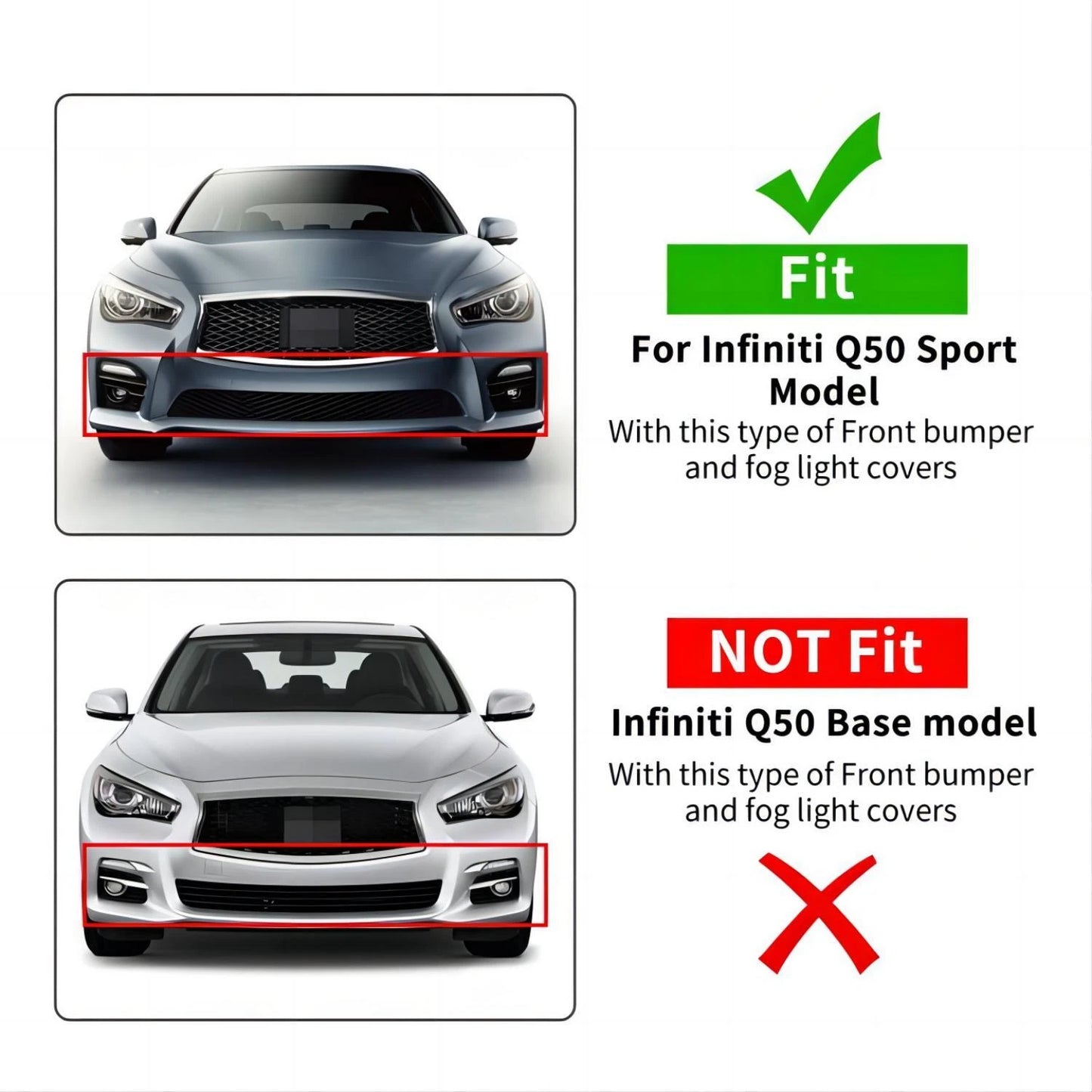 For 2014-2017 Infiniti Q50 Sport Front Bumper Gloss Black Fog Lights Cover Bezel