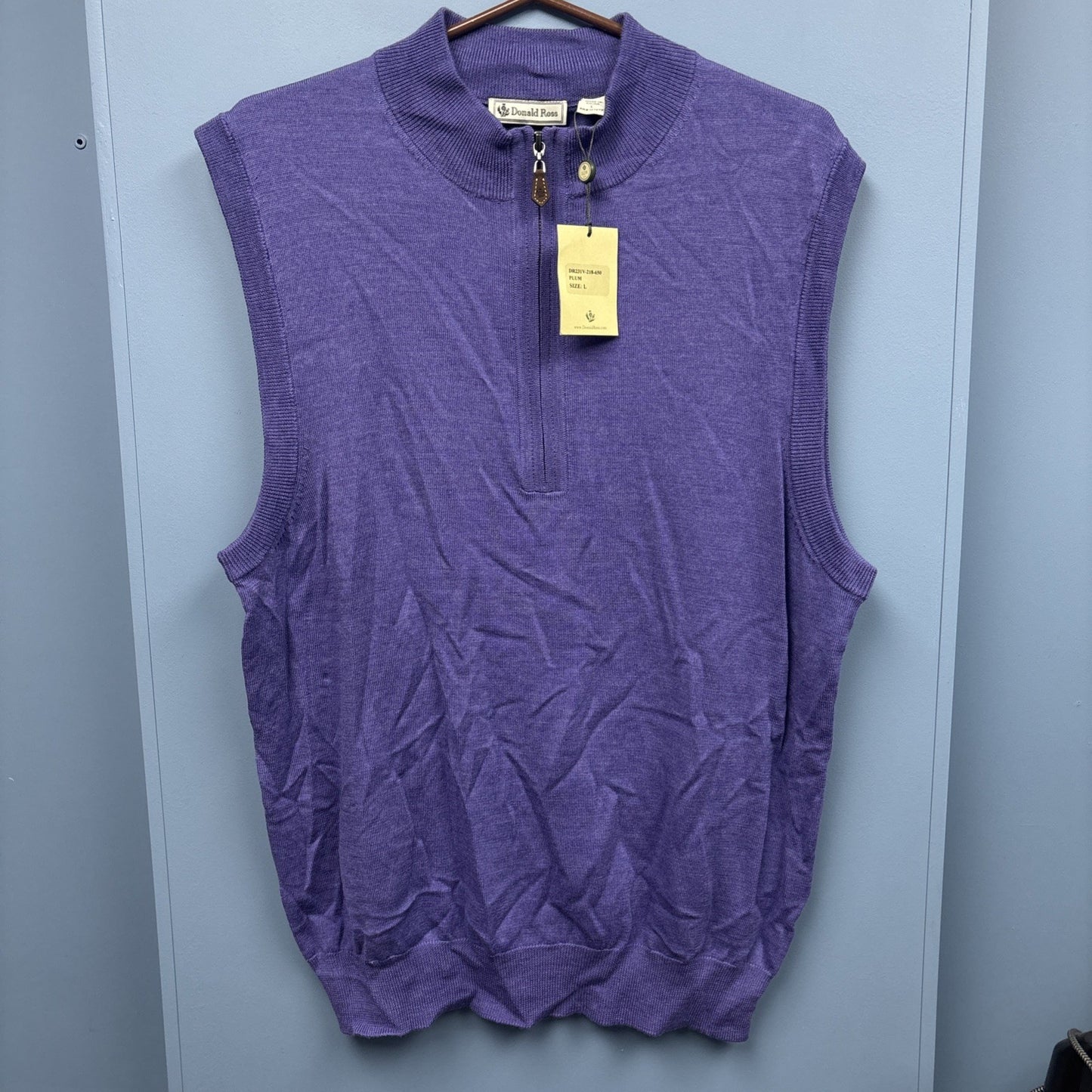 Men's L Donald Ross Sleeveless 1/4 Zip Vest Outerwear - Plum - 100 % Merino Wool