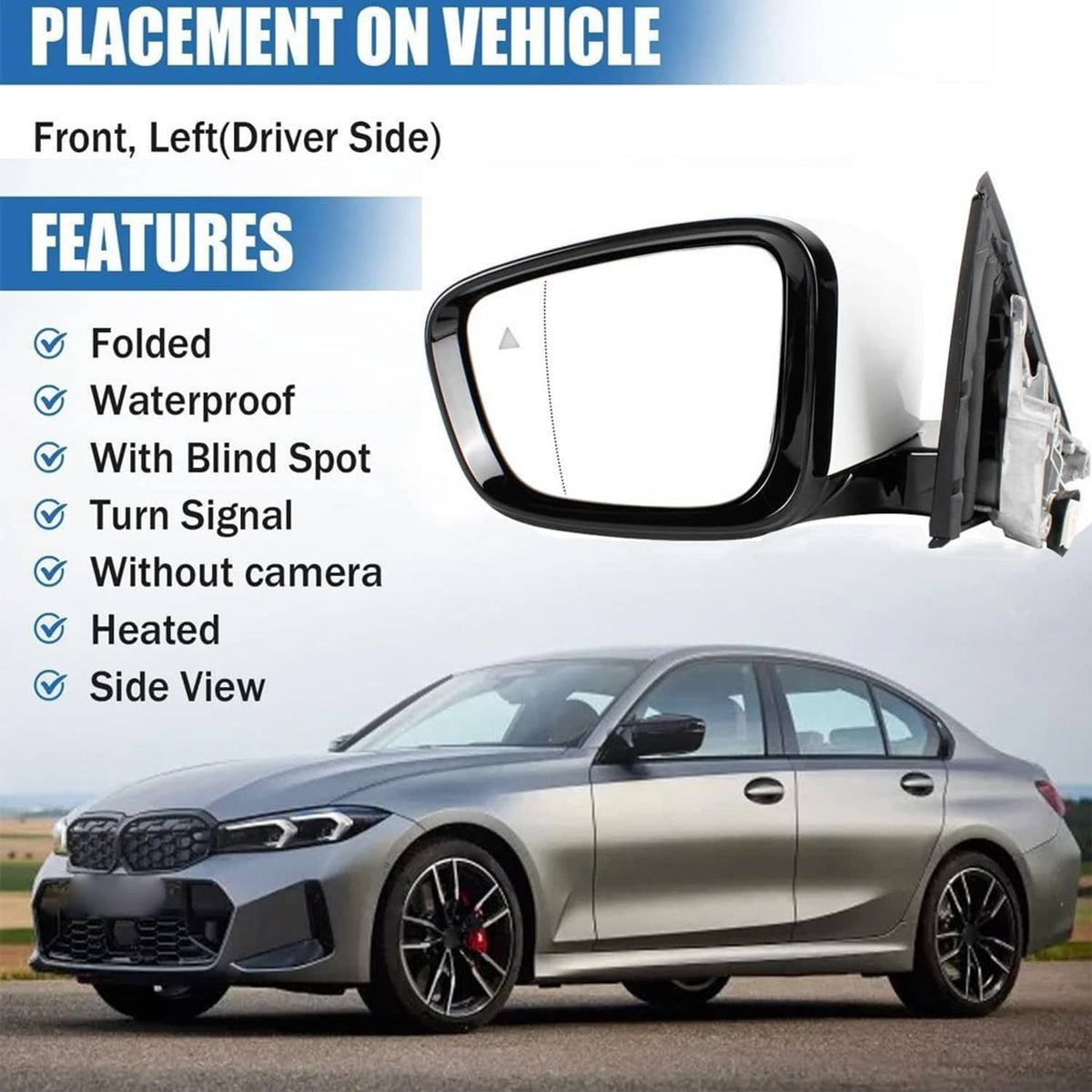 Solidspare Left Driver Side Mirror w/Blind Spot White For 2019-2023 BMW 320i 330i 330e