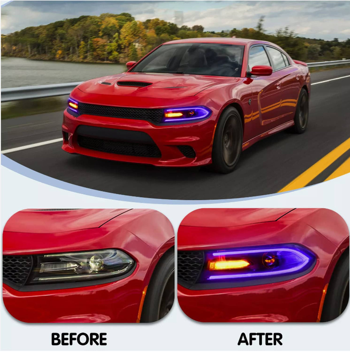 Solidspare Pair For 2015-2021 Dodge Charger LED Projector Headlights RGB Color Change Lamps