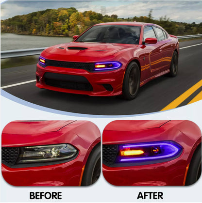 Solidspare Pair For 2015-2021 Dodge Charger LED Projector Headlights RGB Color Change Lamps