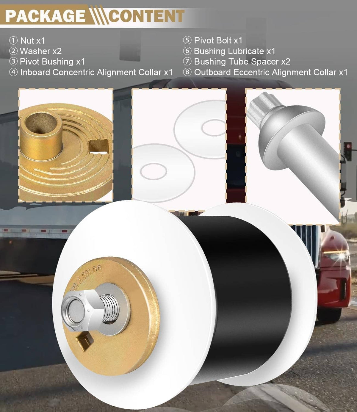 Solid Spare Quik-Align Pivot Bolt Bushing Kit w/Alignment Collar for Hendrickson Turner Lift