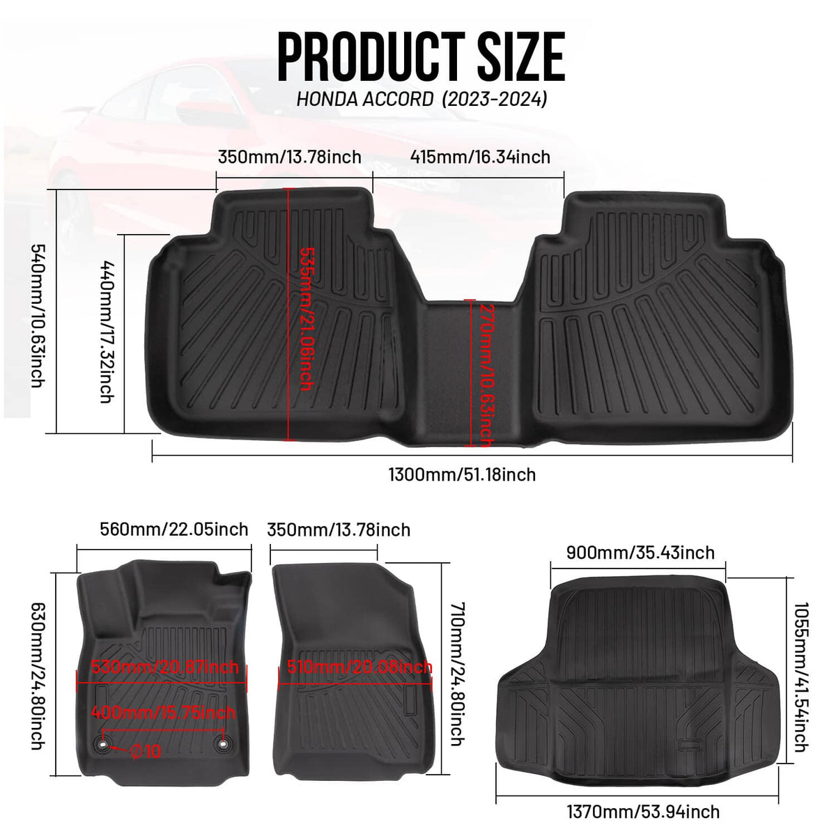 Solidspare Front + Rear 3D Floor Mats w/ Trunk Cargo Liner 4PCS for 2023-2025 Honda Accord