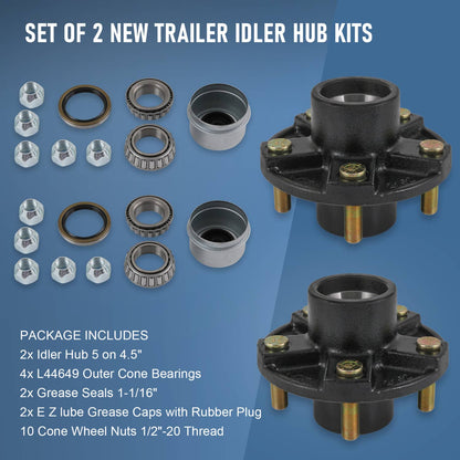 Solidspare 2 × Trailer Idler Hub Kits 5 on 4.5" 5 Lugs For 2000 lbs Axle 1-1/16" bearings