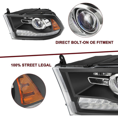 Solidspare For 2009-2018 Dodge Ram 1500 2500 3500 Black Projector Headlights with LED DRL