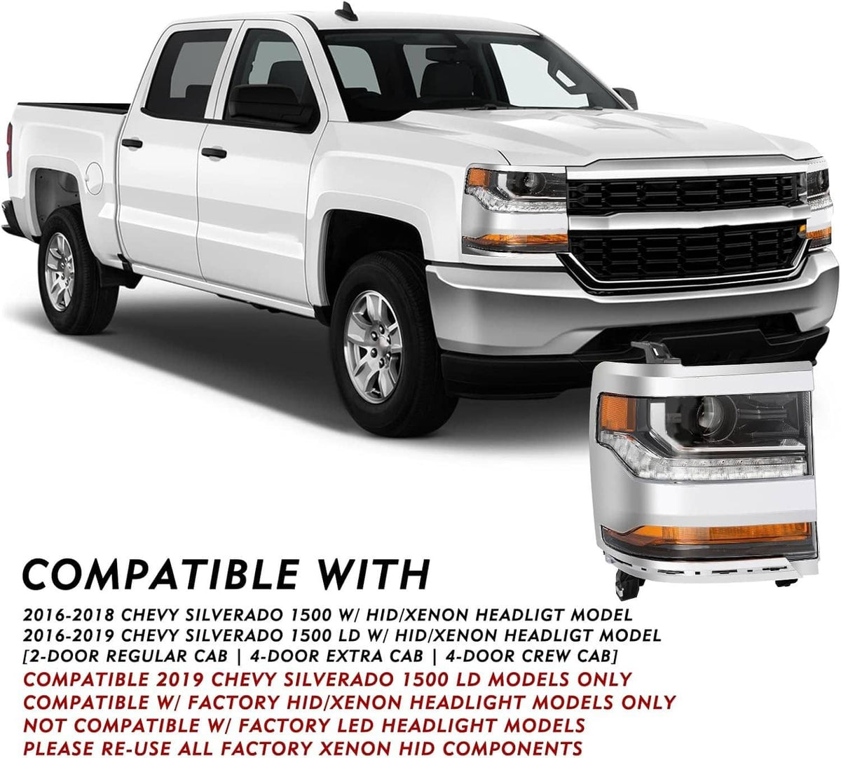 Solidspare Pair Chrome Headlights For 2016-2018 Chevy Silverado 1500 HID/Xenon Headlamps