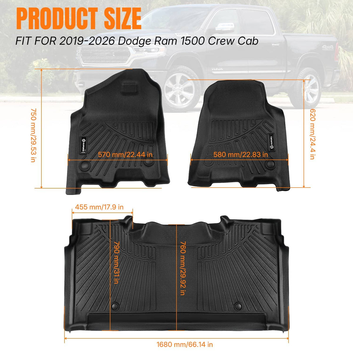 Solidspare Floor Mats Set For Dodge Ram 1500 Crew Cab 2019-2026 TPE Floor Liner Car Mats