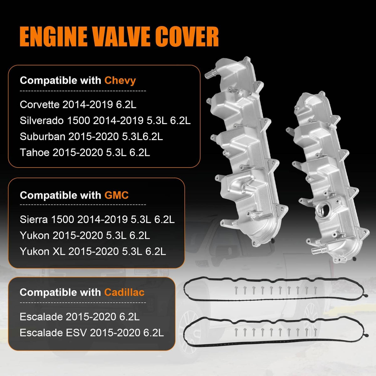 Solidspare 2PCS Aluminum Valve Cover with Gasket For Chevy Silverado 1500 Tahoe 2014-2020