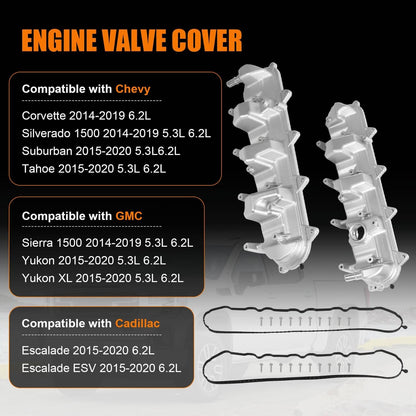 Solidspare 2PCS Aluminum Valve Cover with Gasket For Chevy Silverado 1500 Tahoe 2014-2020