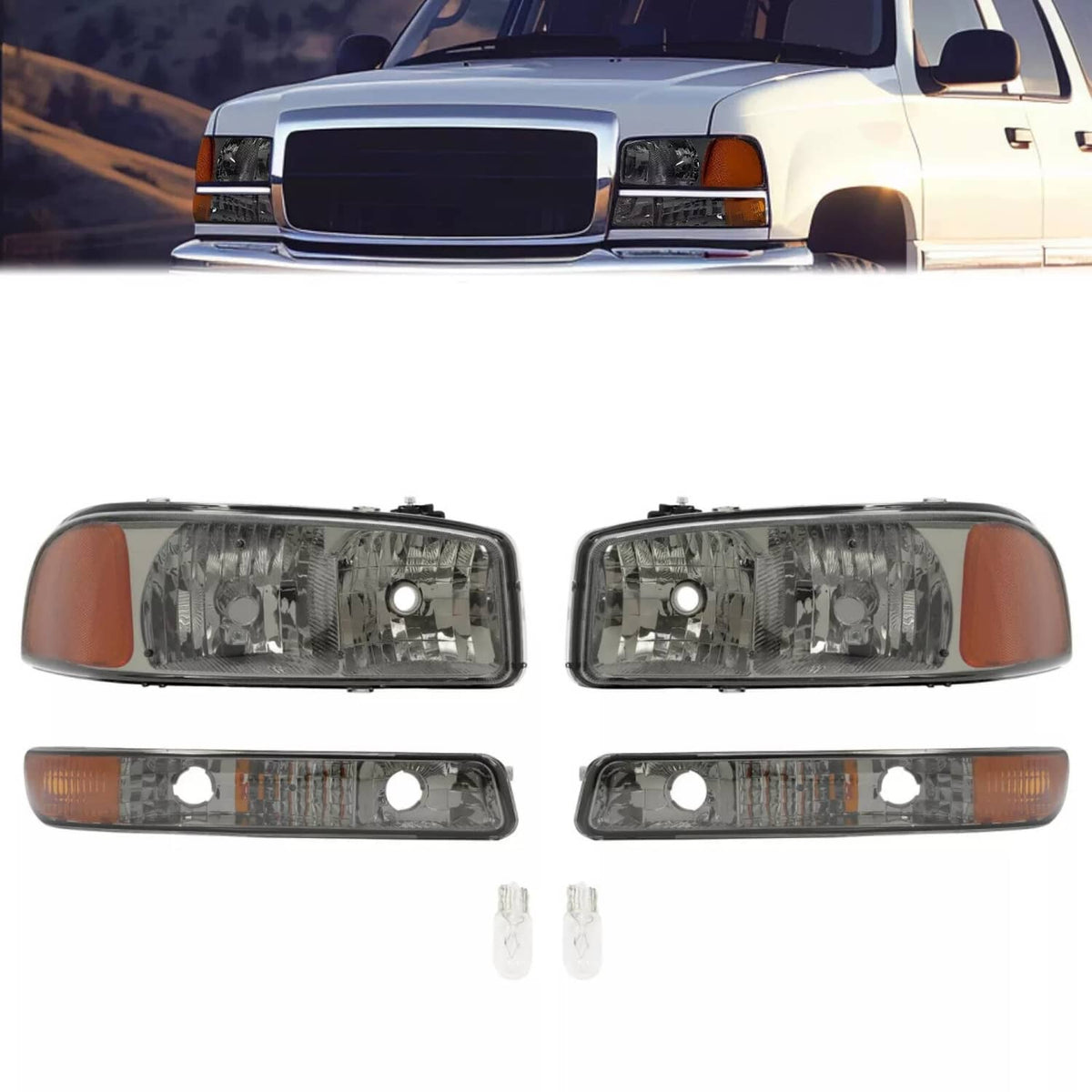 Solid Spare Chrome Headlights+Bumper Lamp Smoke Lens For GMC Sierra 1500 Yukon XL 1999-2007