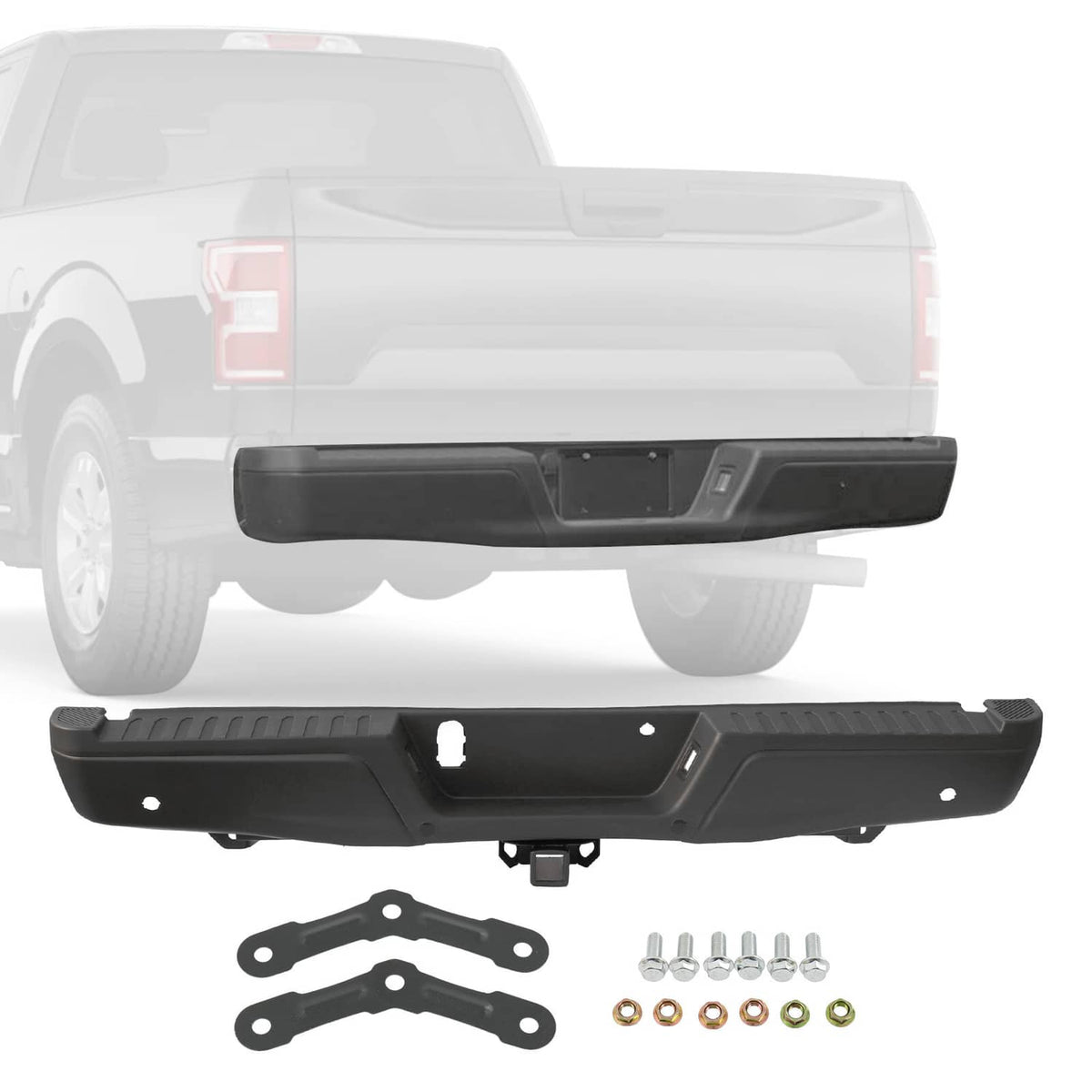Solidspare Black Rear Bumper Assembly w/ Max Tow Hitch w/ Sensor Holes For 15-20 Ford F-150