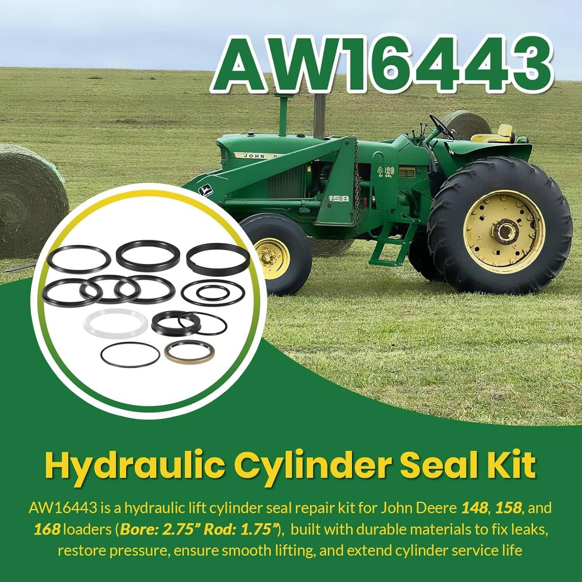 Solid Spare AW16443 Hydraulic Cylinder Seal Kit For John Deere 148 158 168 Farm Loader