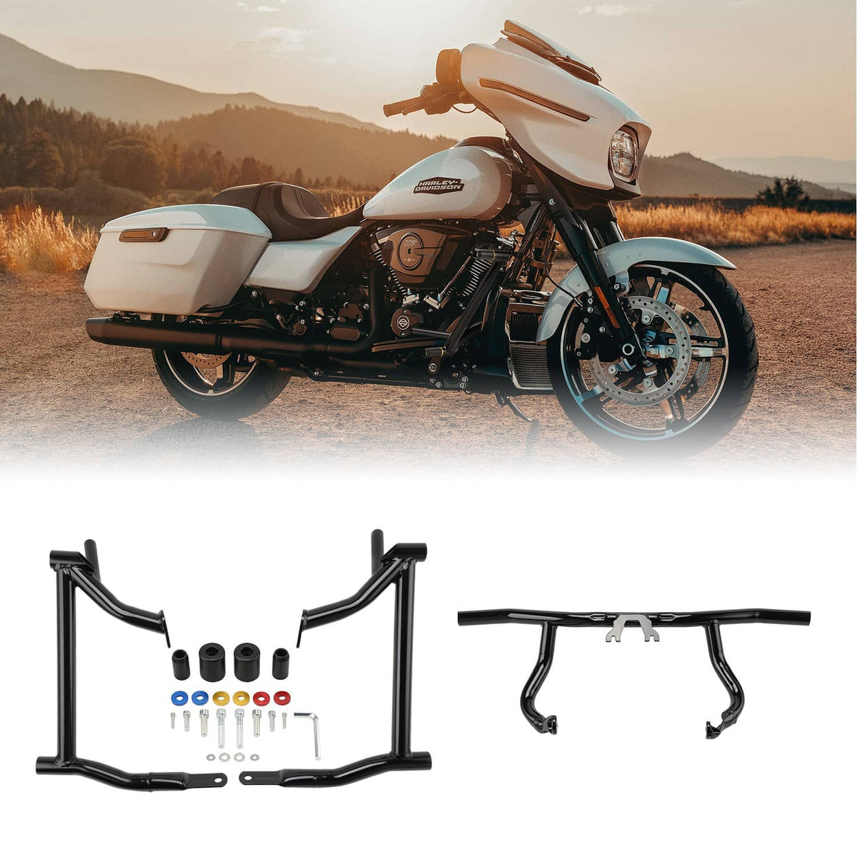 Solidspare Front+Rear Crash Bar Flat-Out Bar For Harley Street Glide Road Glide King 14-25