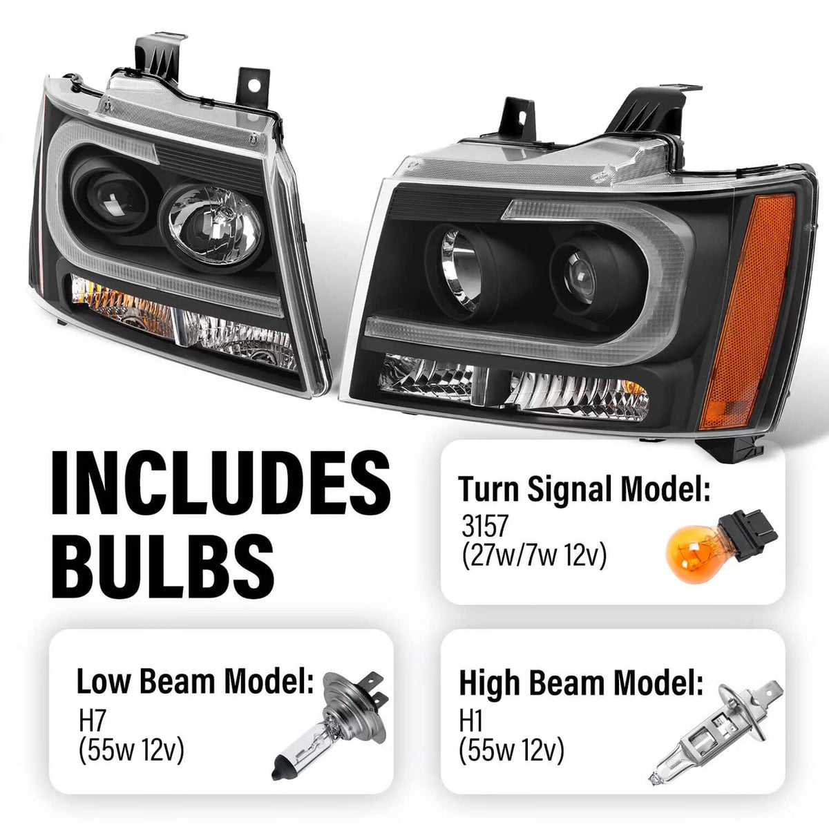 Solid Spare For 2007-14 Chevy Tahoe Suburban Avalanche LED DRL Projector Headlights Assembly