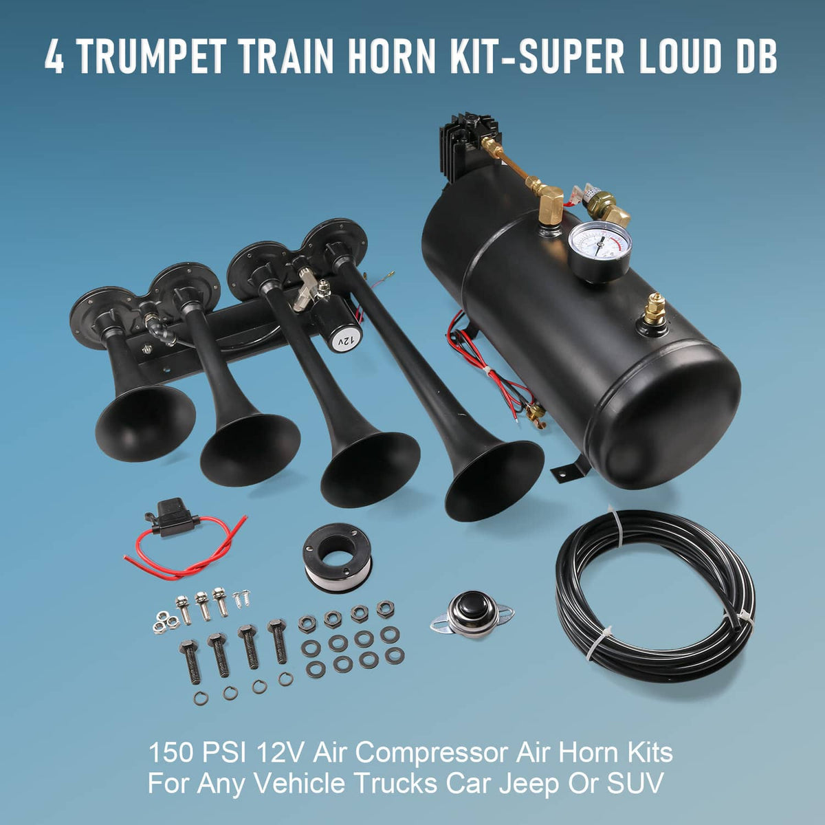 Solidspare 4 Trumpets Train Horn w/ 1G Air Tank Kit Loud System 150psi For Truck Car Pickup