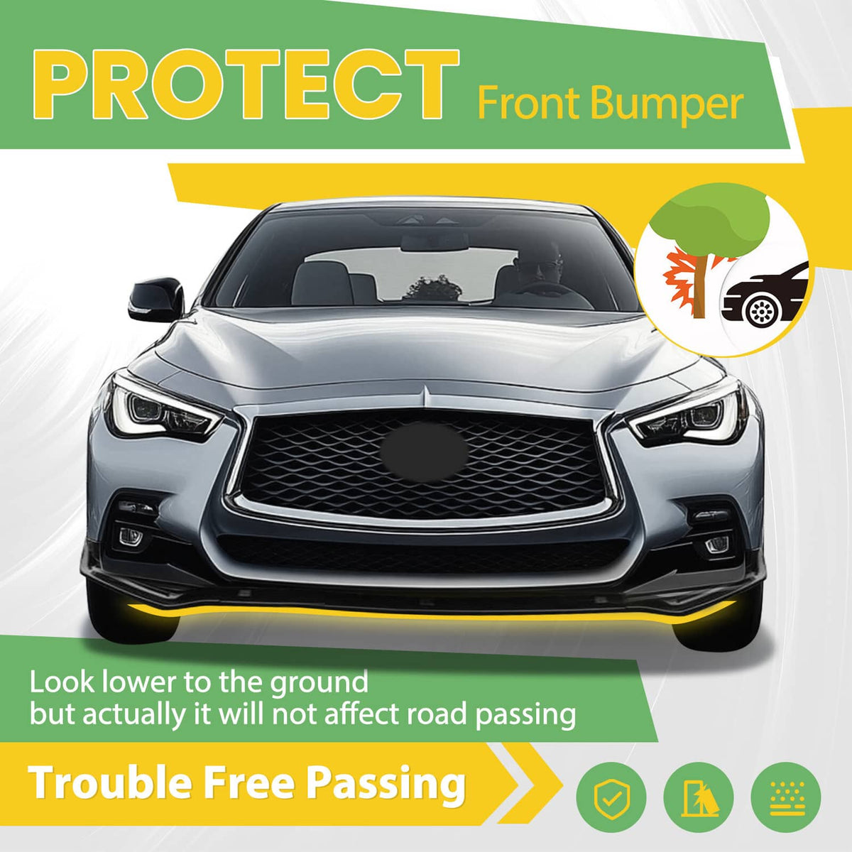 Solid Spare Fits Infiniti Q50 Sport 18-24 Gloss Black PP 3PC Front Bumper Lip Chin Splitter