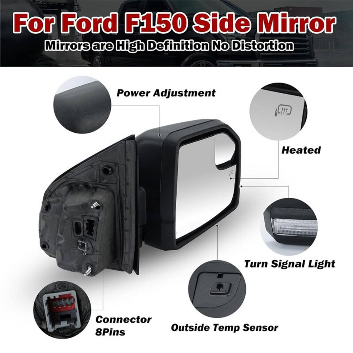 Solidspare Passenger Right Side Door Mirror Power + Lamp FL3Z17682CB For 2015-20 Ford F-150