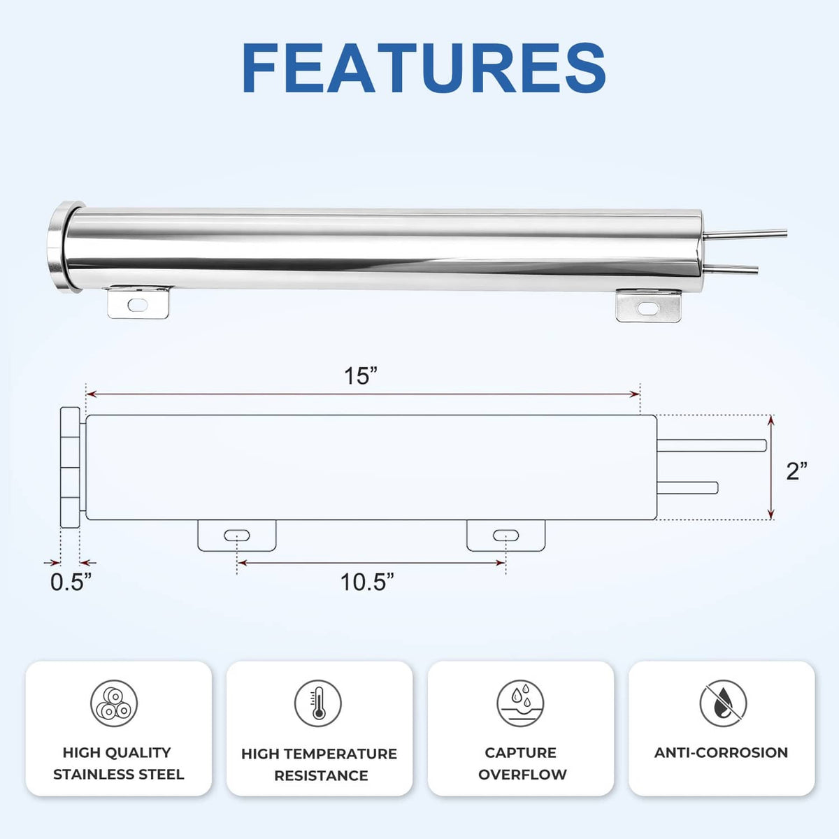 Solidspare 2" X 15" Polished Stainless Steel 24 Oz Radiator Dr Overflow Tank Bottle New