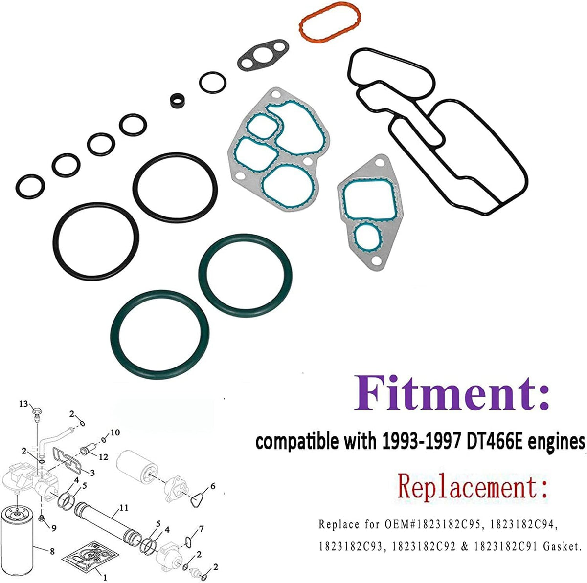Solid Spare Oil Cooler Mounting Gasket Kit for International 1993-1997 DT466E 1823182C95