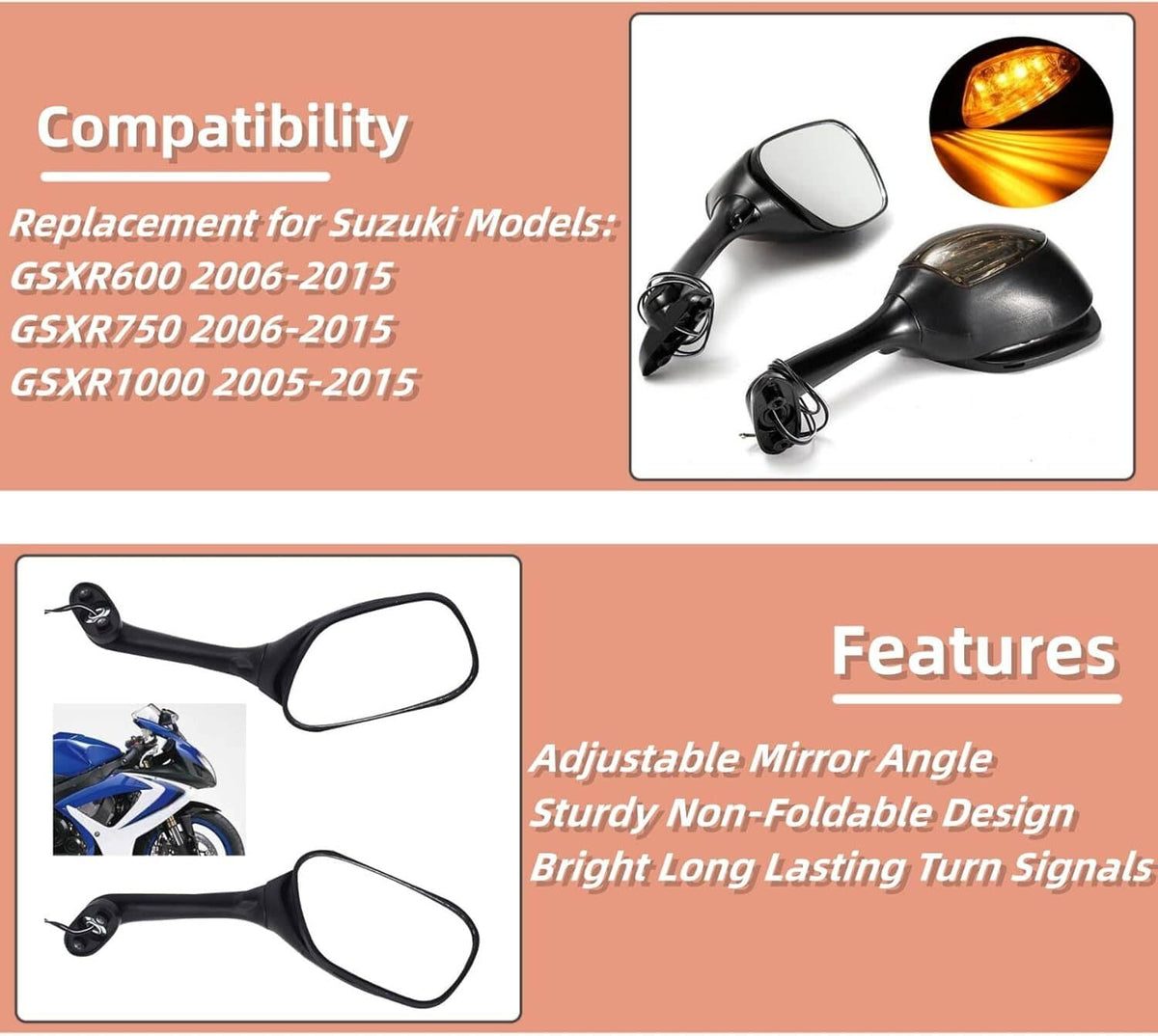 Solidspare Rearview Mirrors w/ Turn Signal Fit For Suzuki GSXR 1000 GSXR600 GSX-R 750 06-15
