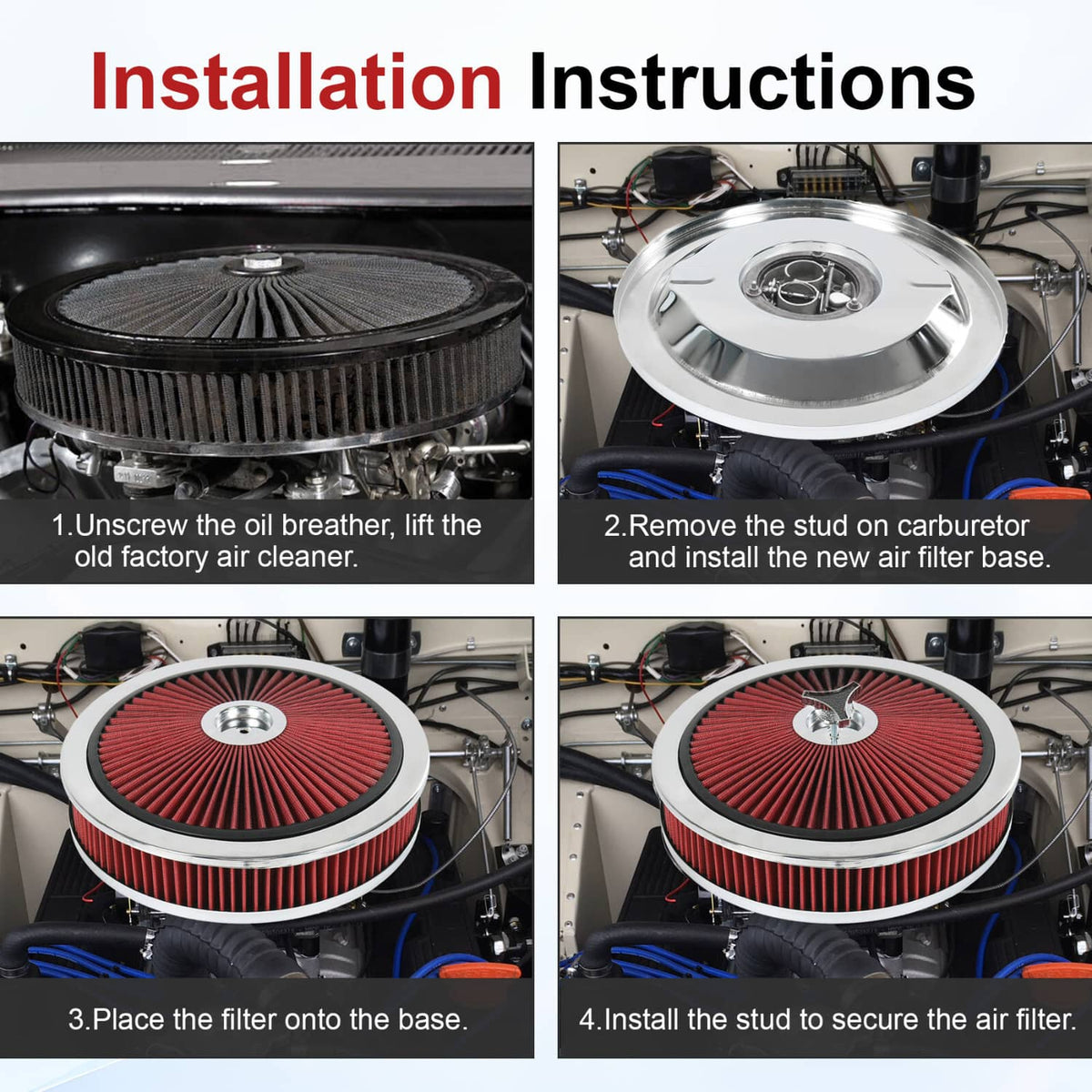 Solidspare High Flow 14" X 3" Round Red Thru Washable Air Cleaner For SBC BBC