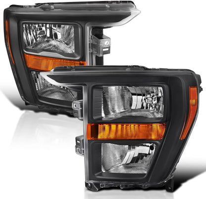 Solidspare For 2021 2022 2023 Ford F150 Halogen Black Headlights Headlamps Pair Left+Right
