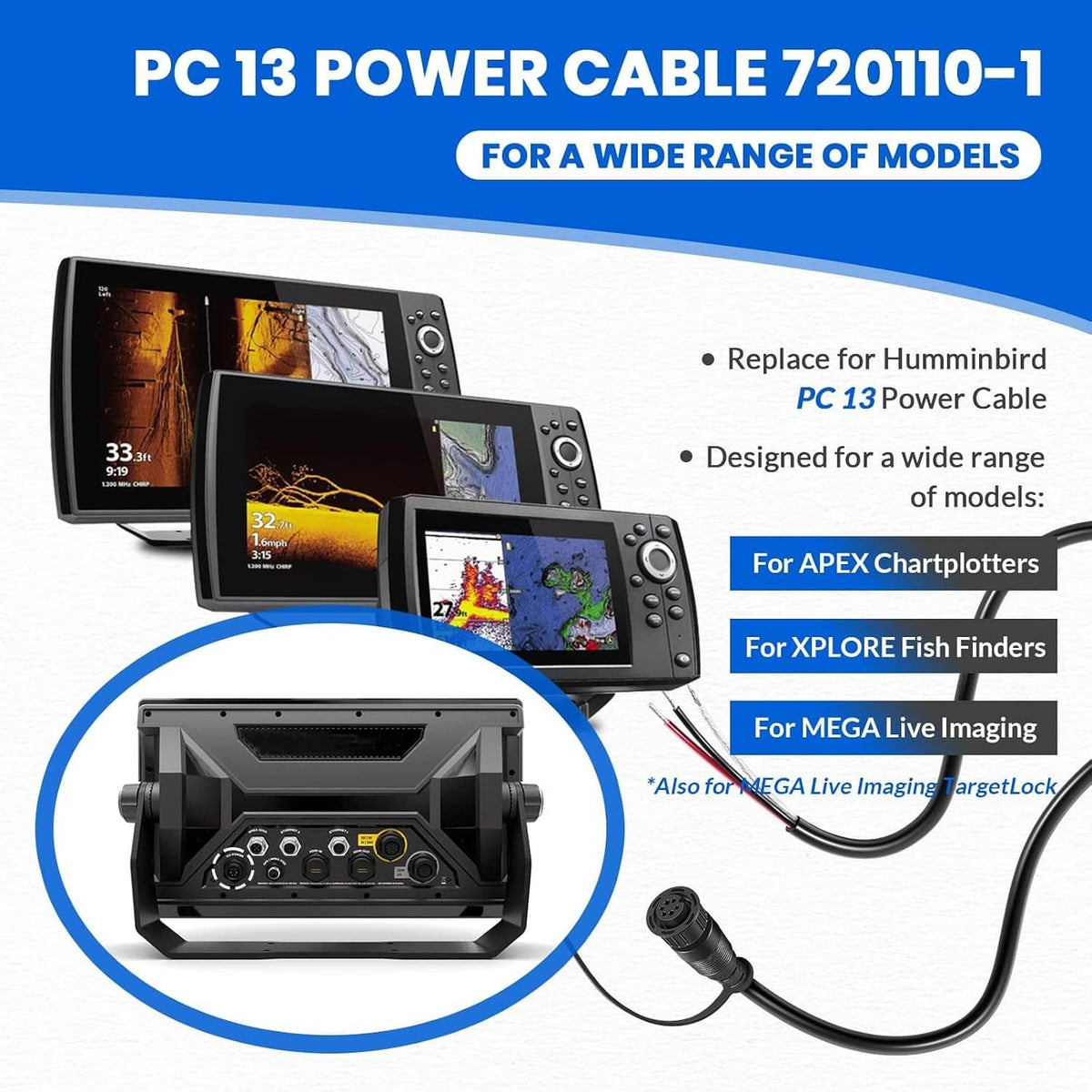 Solidspare PC 13 Power Cable for Humminbird 720110-1 APEX Marine-Rated Power Cable 10 ft