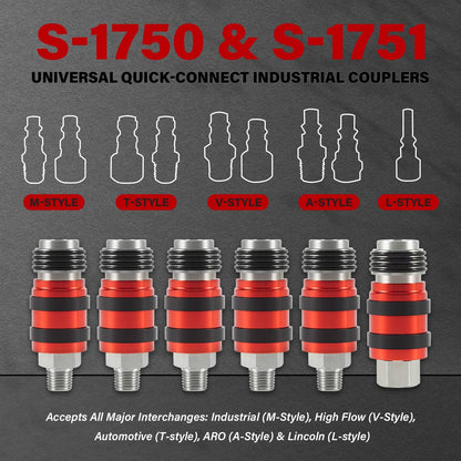 Solidspare S-1750 S-1751 Universal Quick-Connect Industrial Couplers 1/4" M/FNPT 1/4" Body