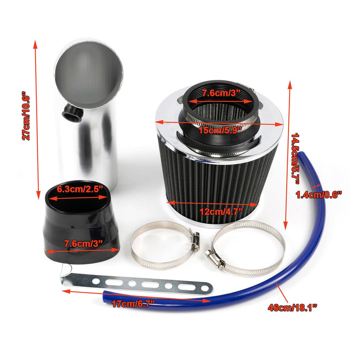 Solidspare Silver 3" Universal Cold Air Intake Kit Induction Flow Pipe Kit Aluminium New